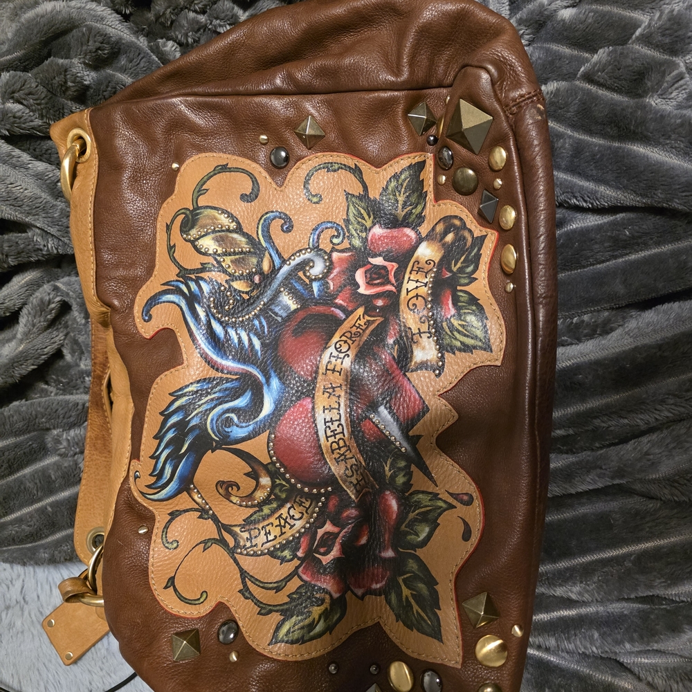 Edgy Brown Leather Shoulder Bag with Tattoo Design